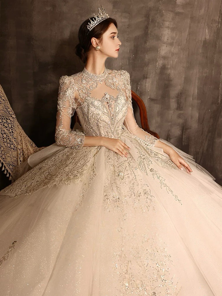 Sequin Wedding Dress - Embellished Wedding Dress with Long Sleeves – Sparkly Wedding Dress with Train and Open Back Plus Size