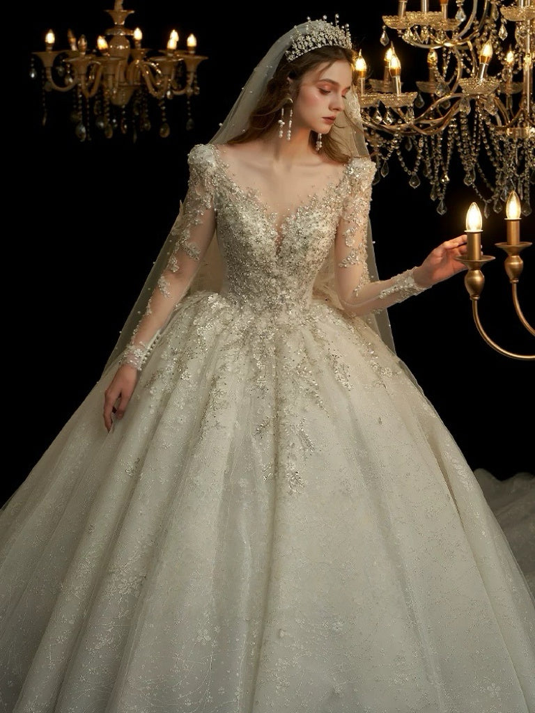 Ivory Long Sleeve Wedding Dress with Bow Back - Sparkly Wedding Dress with Cathedral Train - Wedding Dress with Embellishments Plus Size