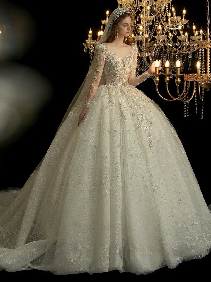 Ivory Long Sleeve Wedding Dress with Bow Back - Sparkly Wedding Dress with Cathedral Train - Wedding Dress with Embellishments Plus Size