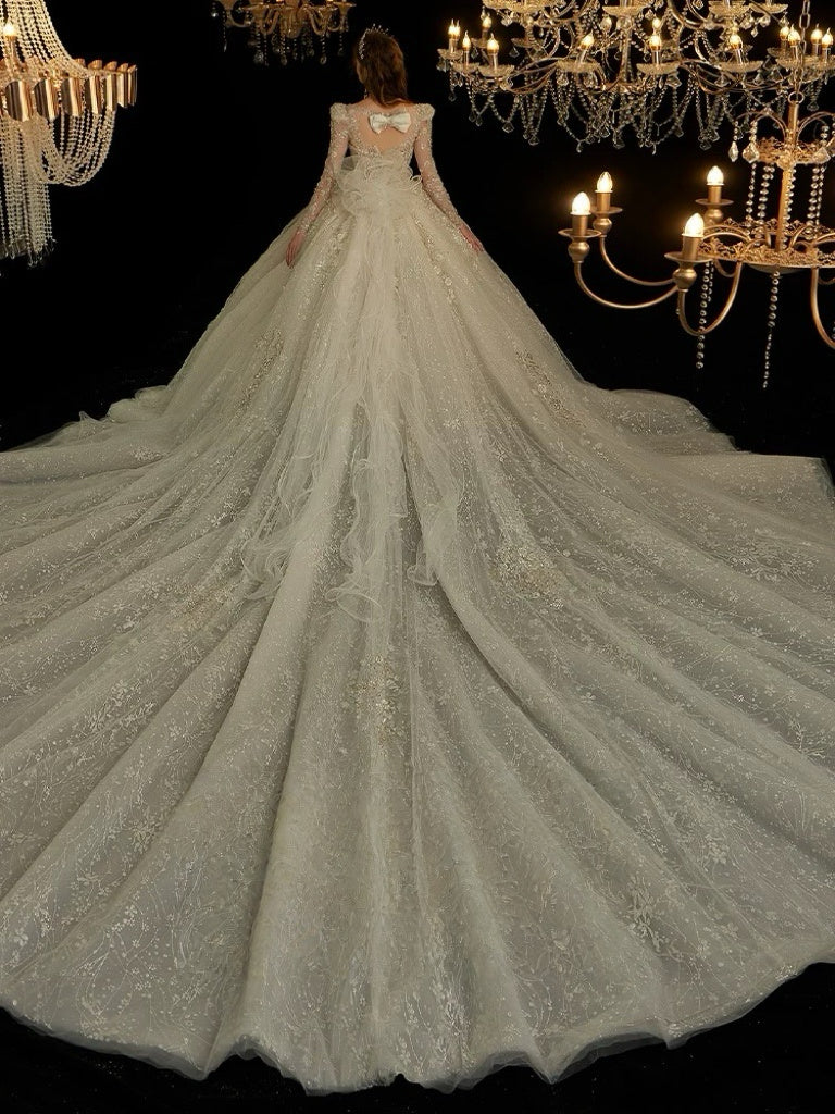 Ivory Long Sleeve Wedding Dress with Bow Back - Sparkly Wedding Dress with Cathedral Train - Wedding Dress with Embellishments Plus Size