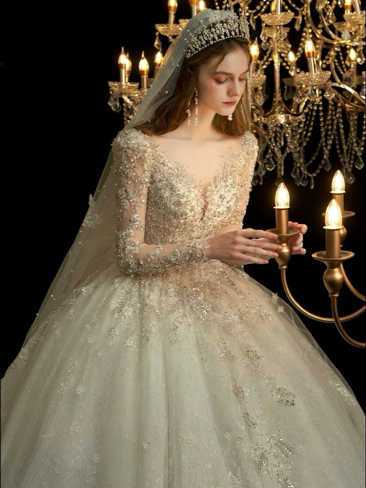 Ivory Long Sleeve Wedding Dress with Bow Back - Sparkly Wedding Dress with Cathedral Train - Wedding Dress with Embellishments Plus Size