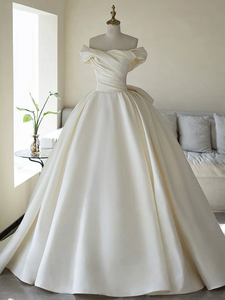 Ivory Off the Shoulder Wedding Dress with Draped Bow - Simple Satin Wedding Dress with Train Plus Size