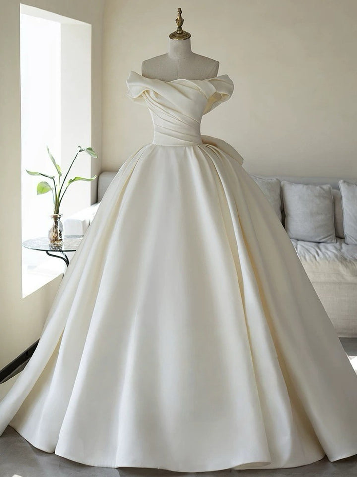 Ivory Off the Shoulder Wedding Dress with Draped Bow - Simple Satin Wedding Dress with Train Plus Size