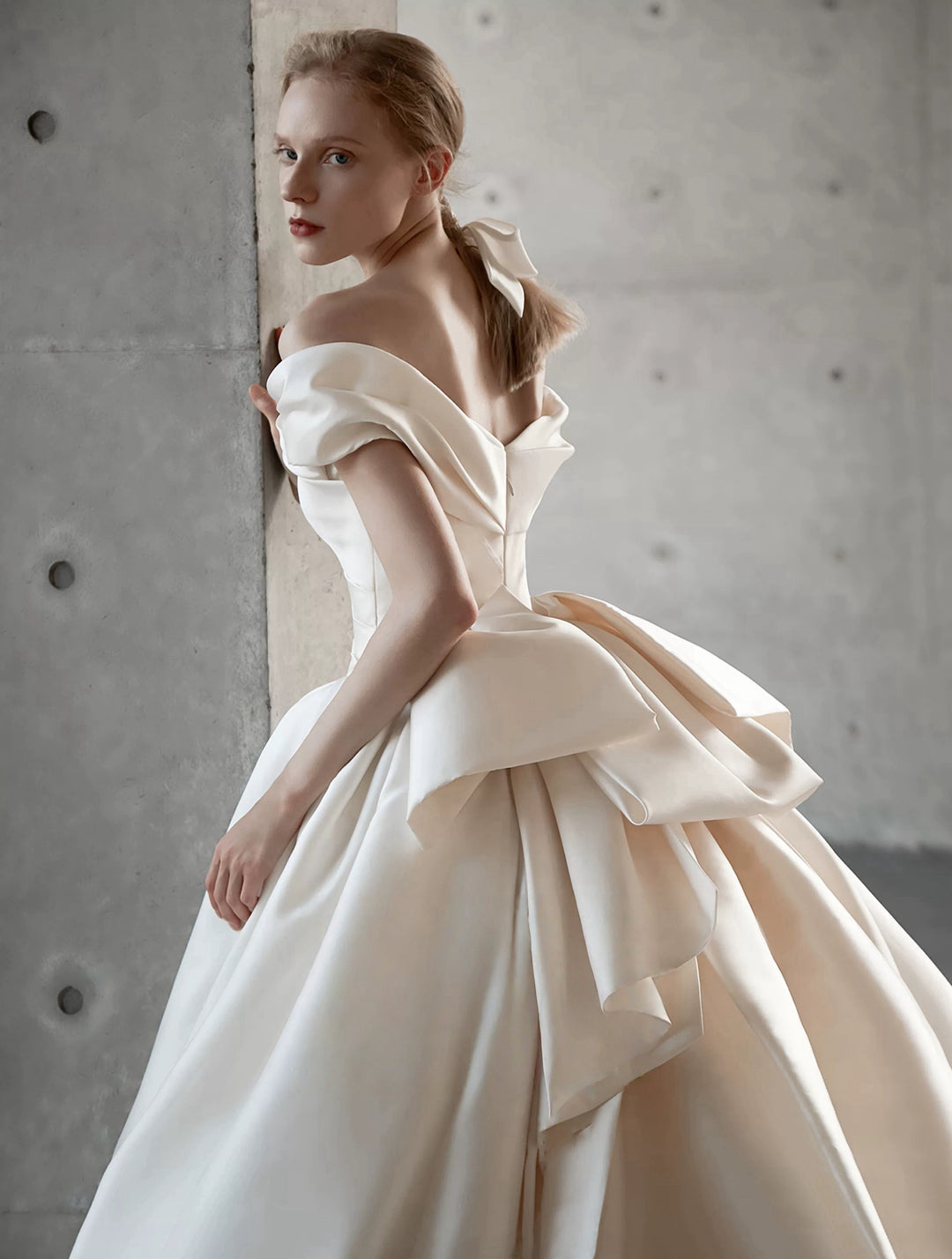 Ivory Off the Shoulder Wedding Dress with Draped Bow - Simple Satin Wedding Dress with Train Plus Size