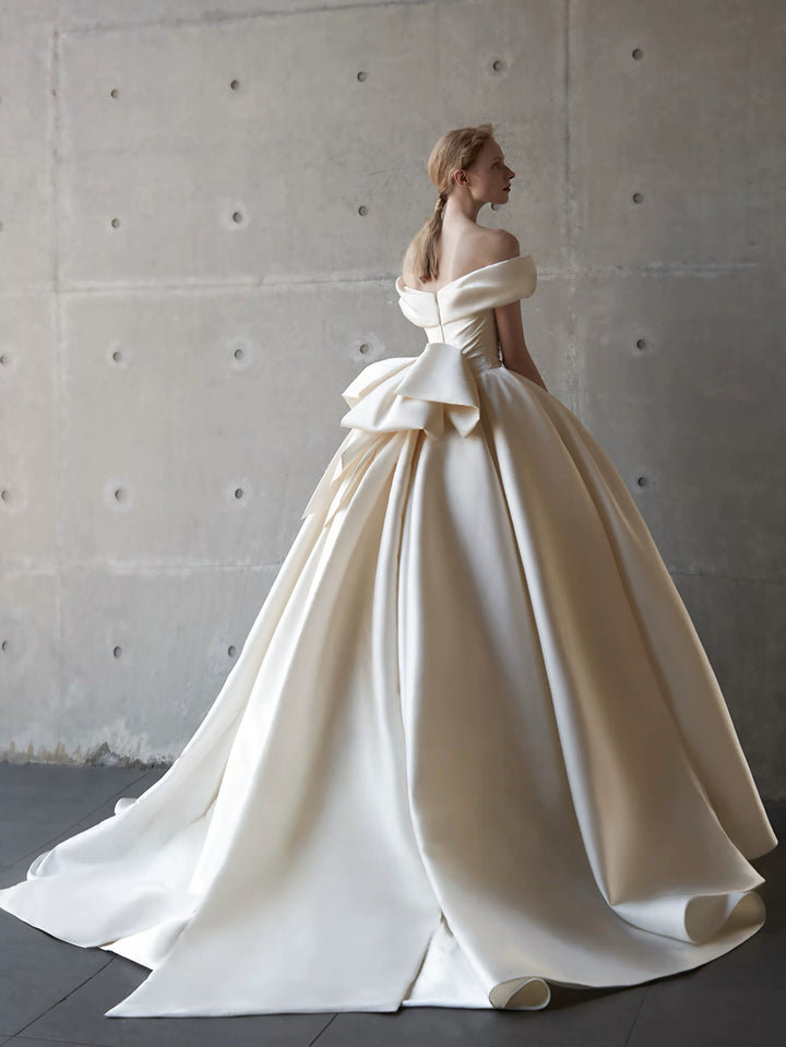 Ivory Off the Shoulder Wedding Dress with Draped Bow - Simple Satin Wedding Dress with Train Plus Size