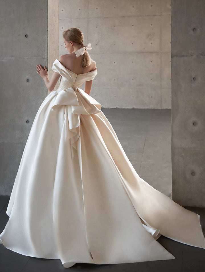 Ivory Off the Shoulder Wedding Dress with Draped Bow - Simple Satin Wedding Dress with Train Plus Size