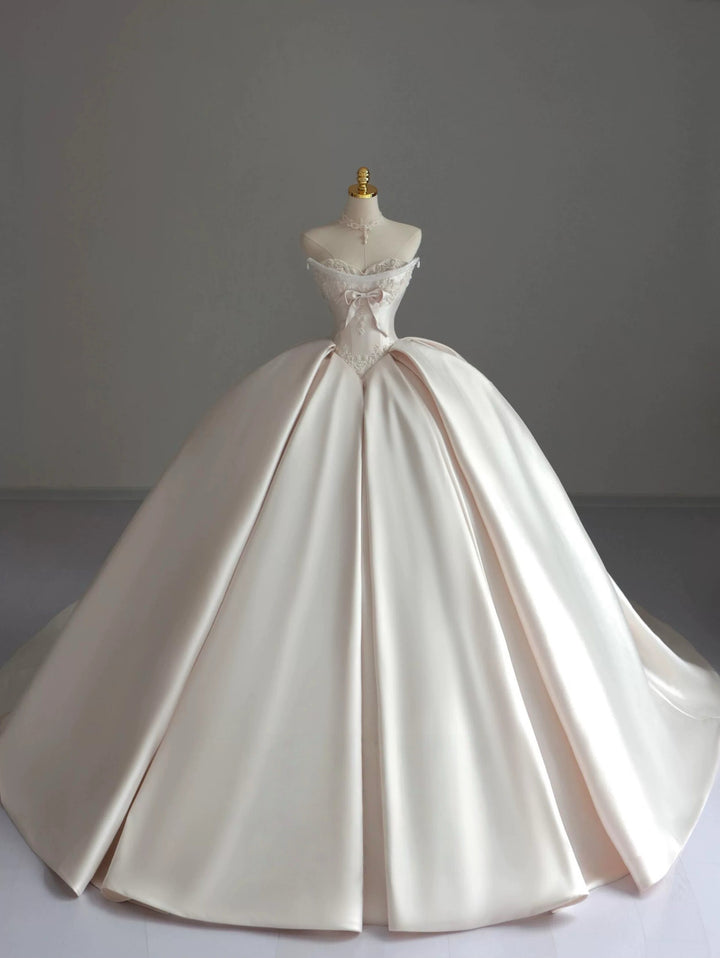 Ivory Simple Satin Wedding Dress with Corset Bodice - Strapless Wedding Ball Gown with Bow and Lace Plus Size