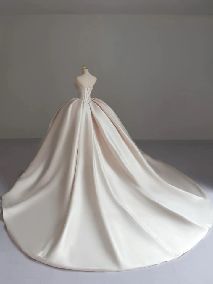 Ivory Simple Satin Wedding Dress with Corset Bodice - Strapless Wedding Ball Gown with Bow and Lace Plus Size