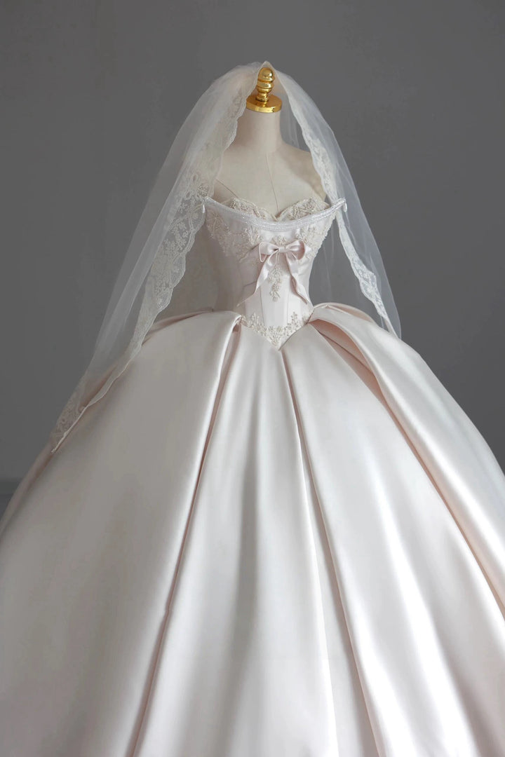 Ivory Simple Satin Wedding Dress with Corset Bodice - Strapless Wedding Ball Gown with Bow and Lace Plus Size