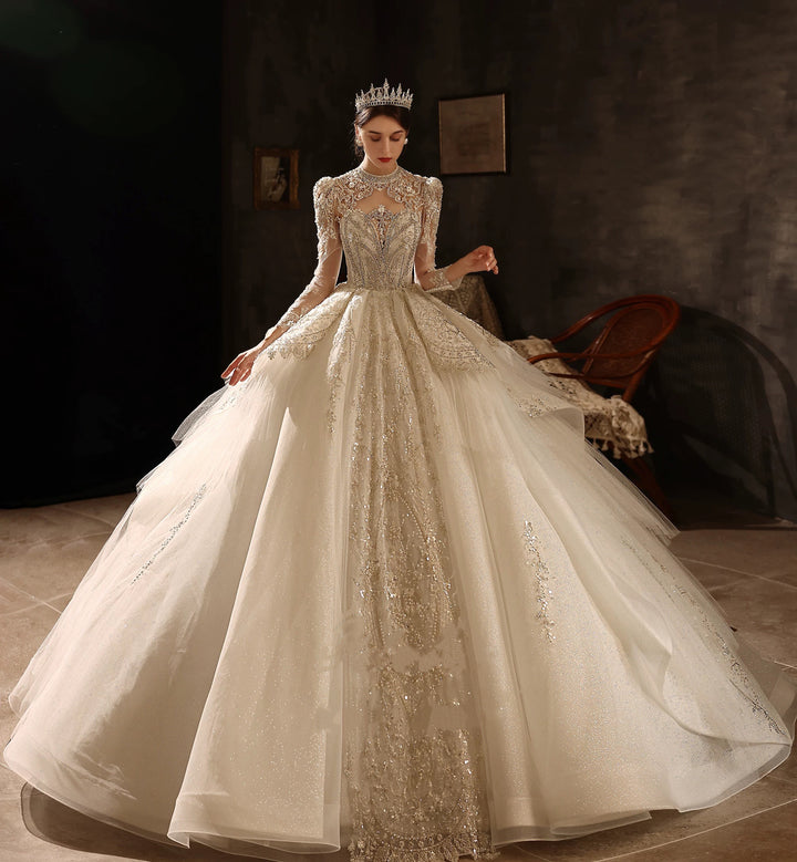Sequin Wedding Dress - Embellished Wedding Dress with Long Sleeves – Sparkly Wedding Dress with Train and Open Back Plus Size