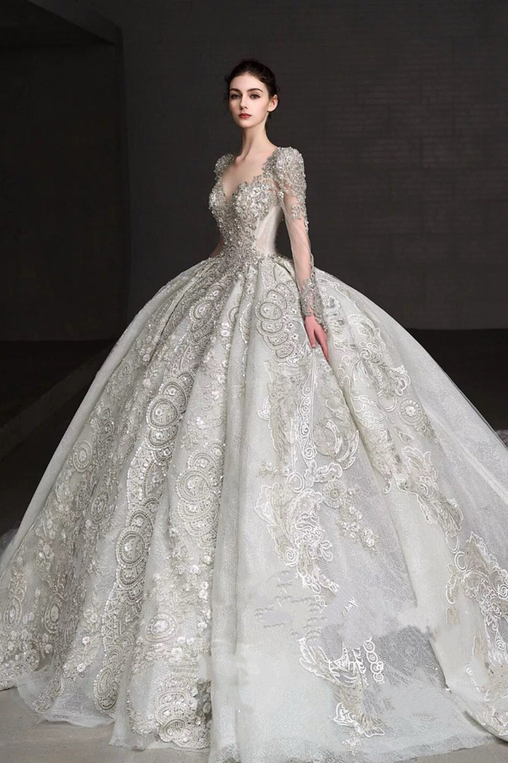 Long Sleeve Wedding Dress with Embellished – Sparkly Wedding Dress Ball Gown with Cathedral Train and Open Back Plus Size