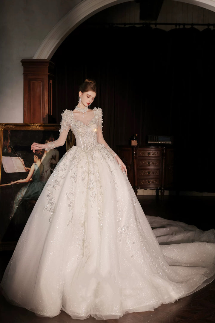 Floral Embroidered Wedding Dress with Long Sleeves – Glitter Wedding Dress with Cathedral Train and Illusion Bodice Plus Size