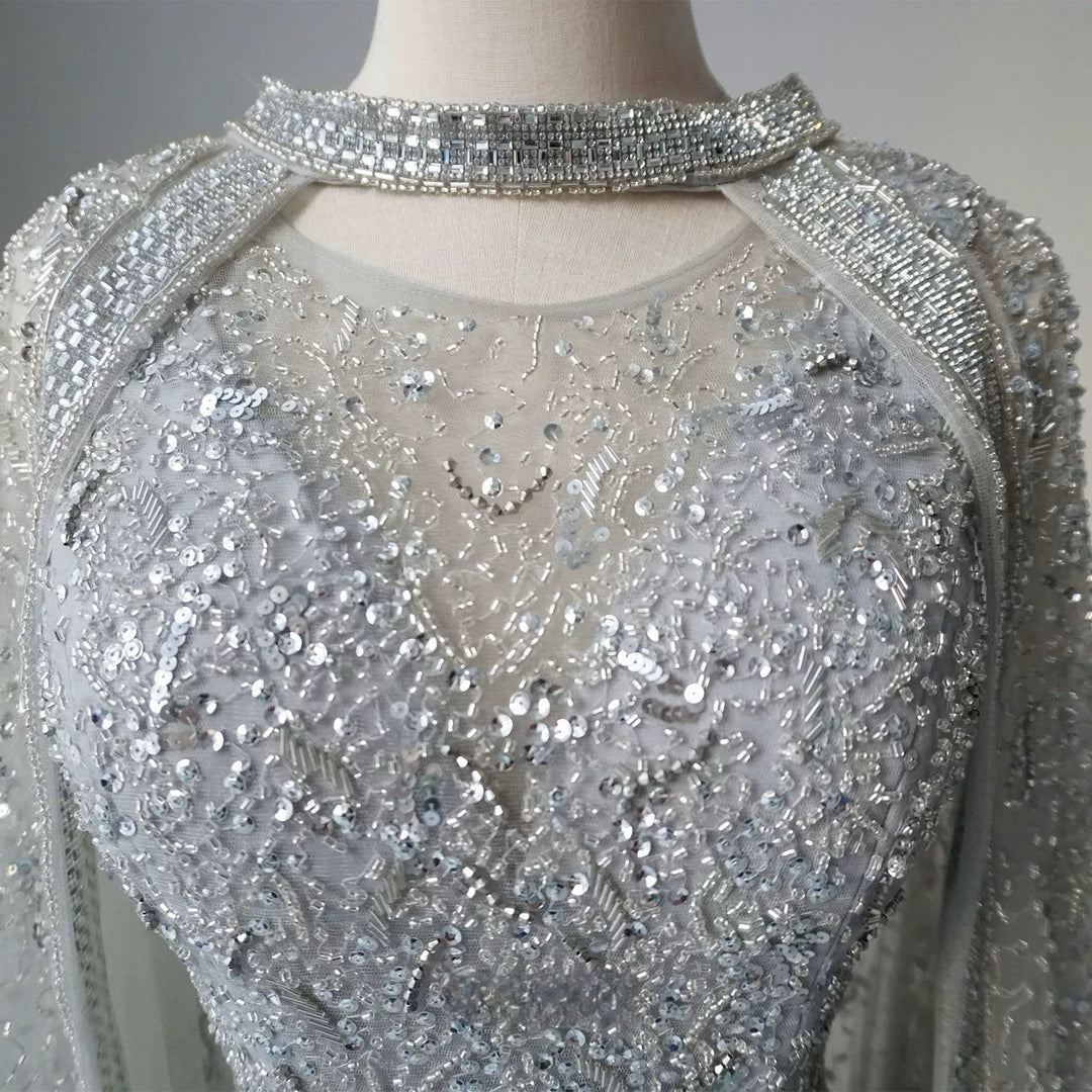 Silver Convertible Sequin Evening Gown with Cape Overlay – Silver Glitter Dress with Open Back Plus Size