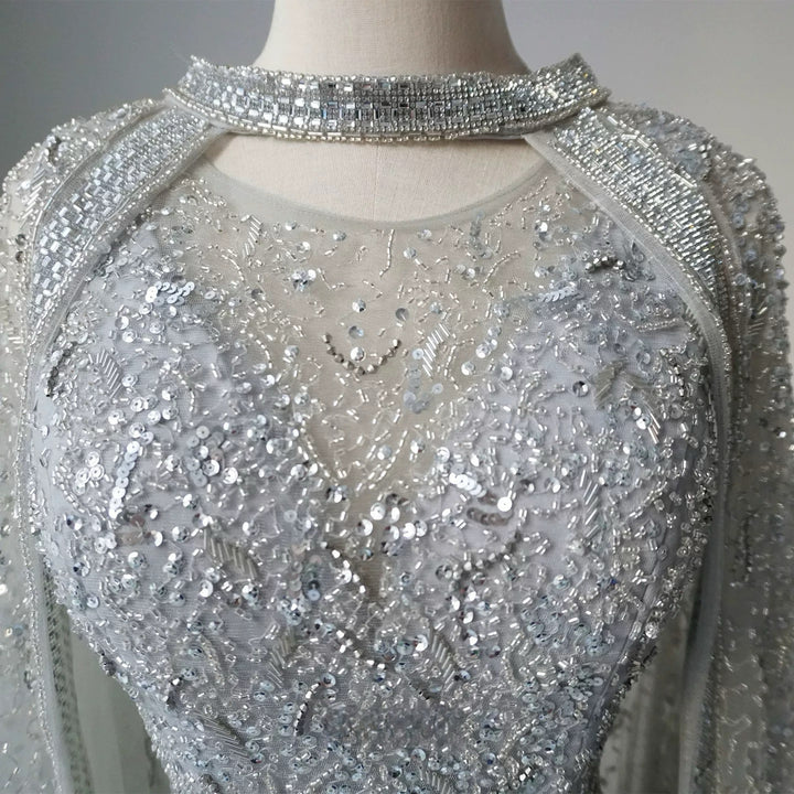 Silver Convertible Sequin Evening Gown with Cape Overlay – Silver Glitter Dress with Open Back Plus Size