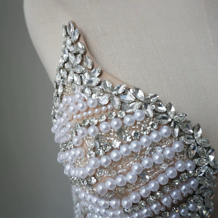 Nude Sequin Embellished Gown - Mermaid Evening Dress with Plunging Neckline – Designer Sequin Gown Plus Size