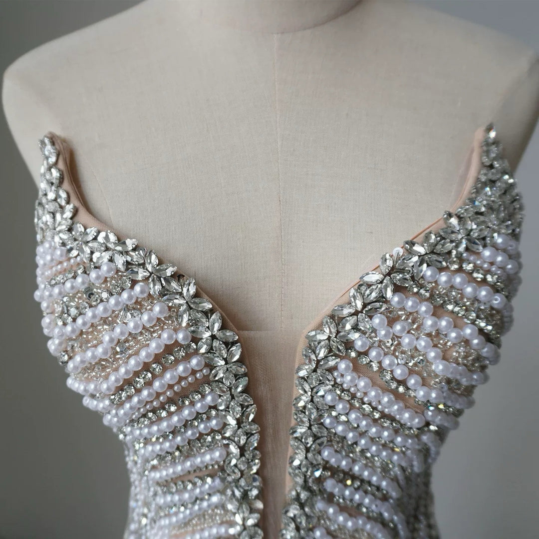 Nude Sequin Embellished Gown - Mermaid Evening Dress with Plunging Neckline – Designer Sequin Gown Plus Size