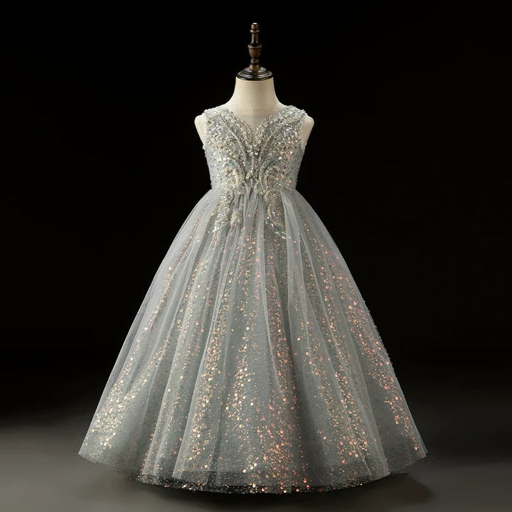 Sky Blue Sequin Flower Girl Dress with Pearl Embroidered Bodice – Tulle Flower Girl Dress Plus Size