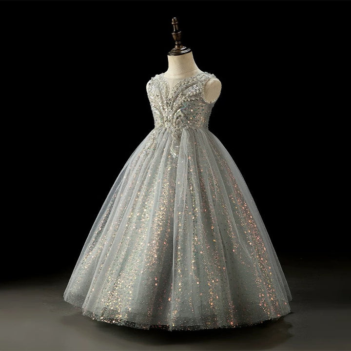 Sky Blue Sequin Flower Girl Dress with Pearl Embroidered Bodice – Tulle Flower Girl Dress Plus Size