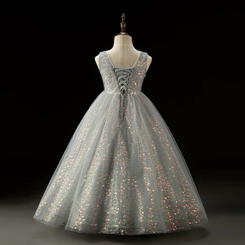 Sky Blue Sequin Flower Girl Dress with Pearl Embroidered Bodice – Tulle Flower Girl Dress Plus Size