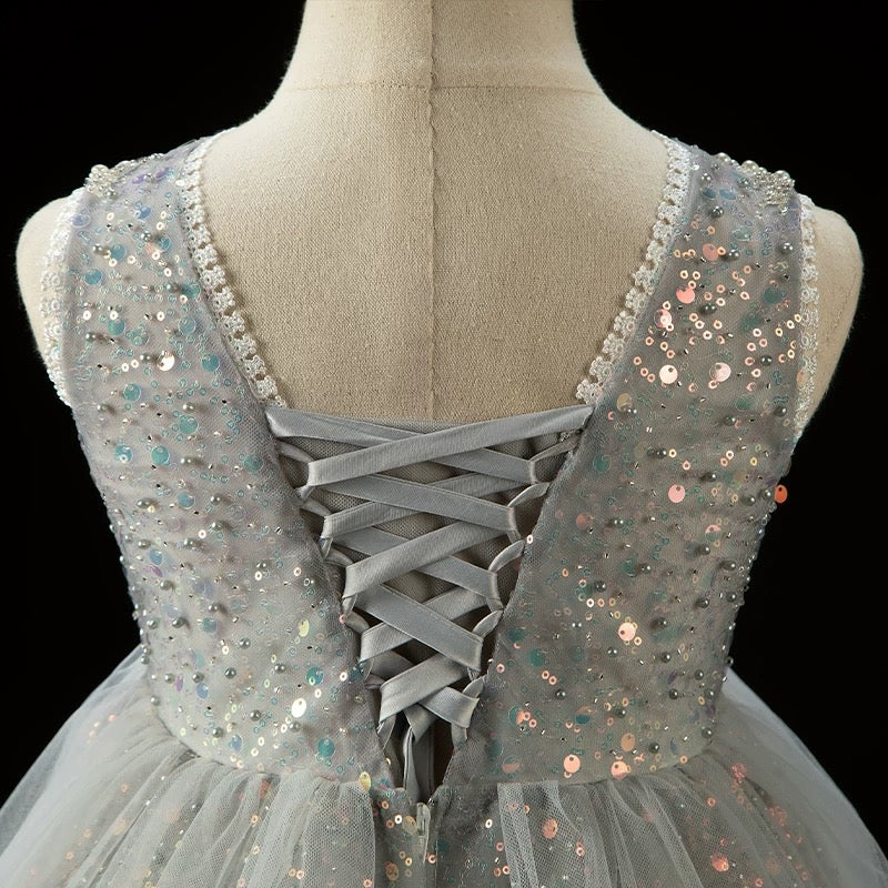 Sky Blue Sequin Flower Girl Dress with Pearl Embroidered Bodice – Tulle Flower Girl Dress Plus Size
