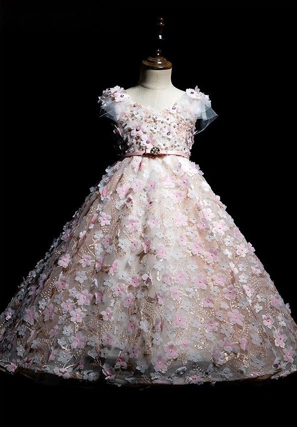 Blush Pink 3D Floral Lace Flower Girl Dress with Tulle Skirt – Lace Flower girl dress Plus Size