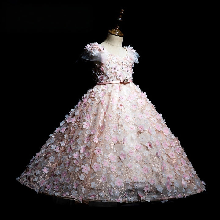 Blush Pink 3D Floral Lace Flower Girl Dress with Tulle Skirt – Lace Flower girl dress Plus Size