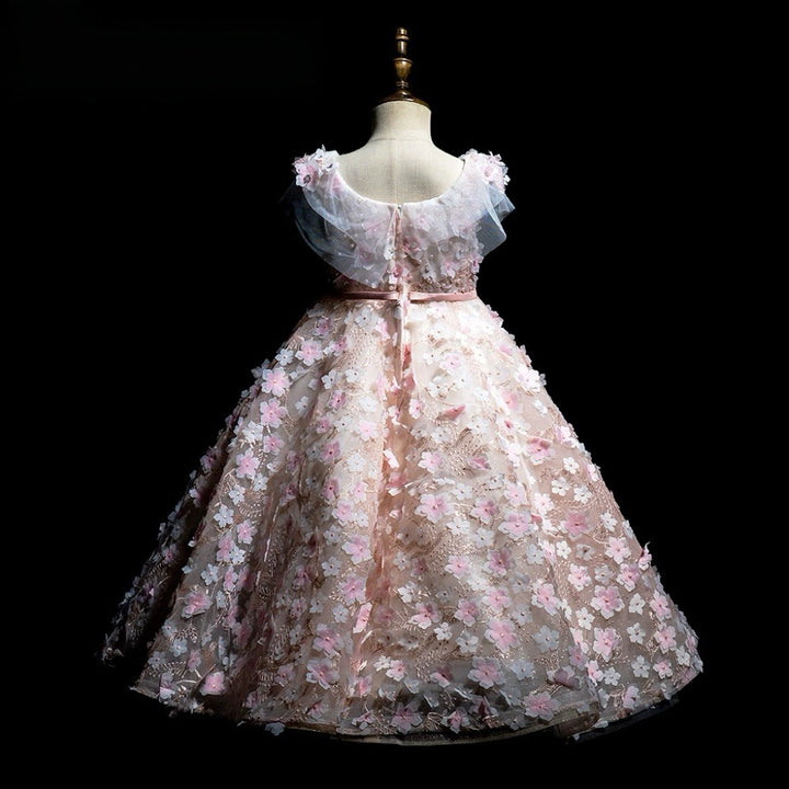 Blush Pink 3D Floral Lace Flower Girl Dress with Tulle Skirt – Lace Flower girl dress Plus Size