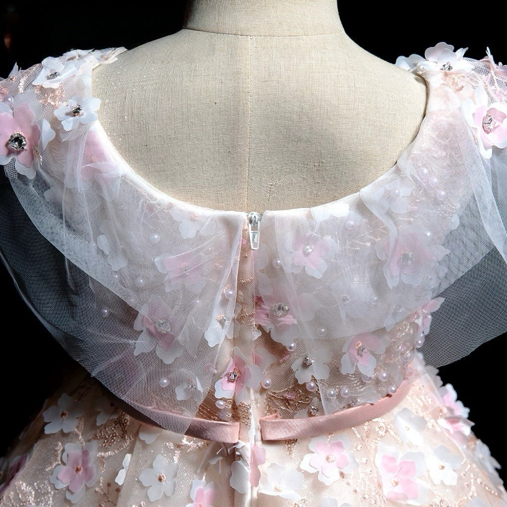 Blush Pink 3D Floral Lace Flower Girl Dress with Tulle Skirt – Lace Flower girl dress Plus Size