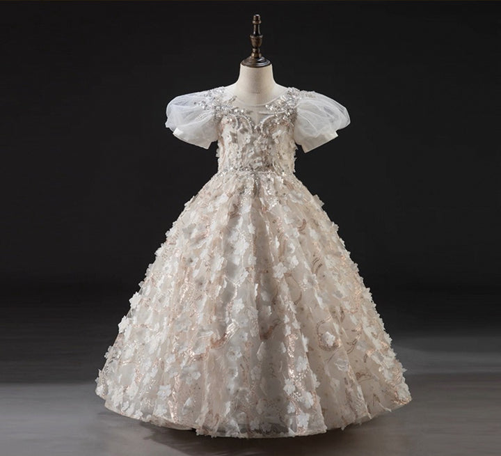 Champagne 3D Floral Lace Flower Girl Dress with Puff Sleeves – Tulle Folwer Girl Dress Plus Size