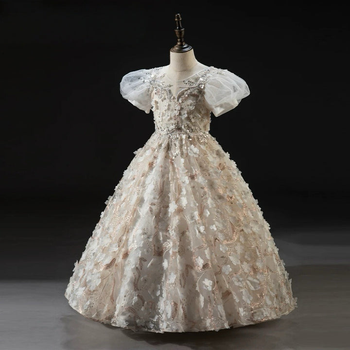 Champagne 3D Floral Lace Flower Girl Dress with Puff Sleeves – Tulle Folwer Girl Dress Plus Size