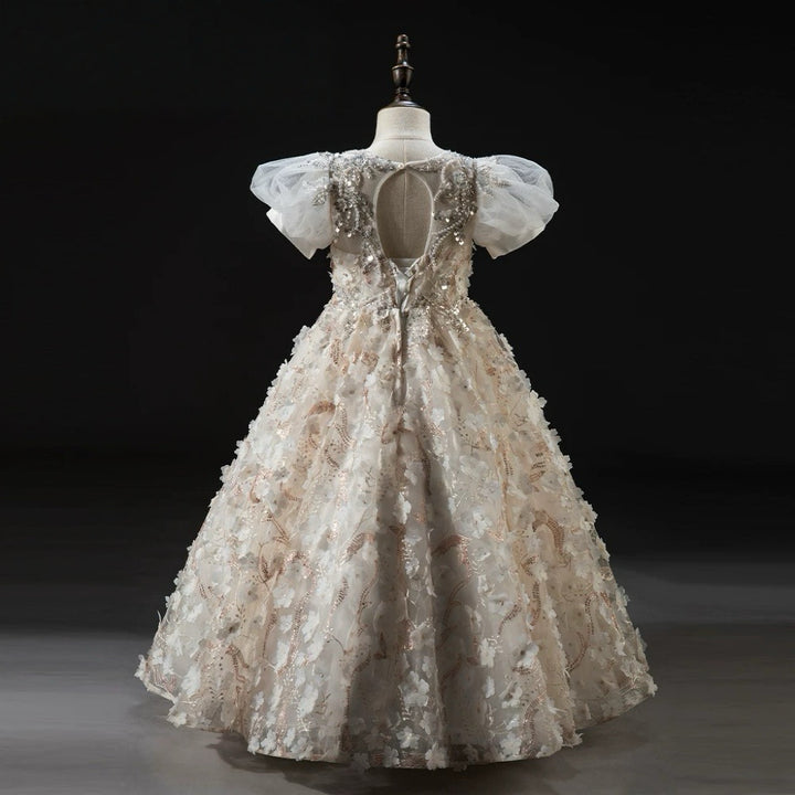 Champagne 3D Floral Lace Flower Girl Dress with Puff Sleeves – Tulle Folwer Girl Dress Plus Size