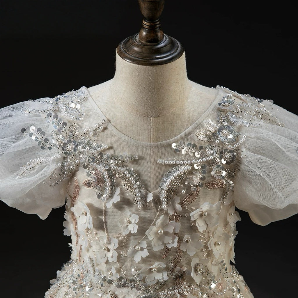 Champagne 3D Floral Lace Flower Girl Dress with Puff Sleeves – Tulle Folwer Girl Dress Plus Size
