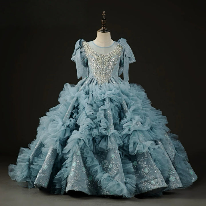 Blue Ruffled Tulle Flower Girl Dress with Beaded Bodice – Blue Children Dress Plus Size