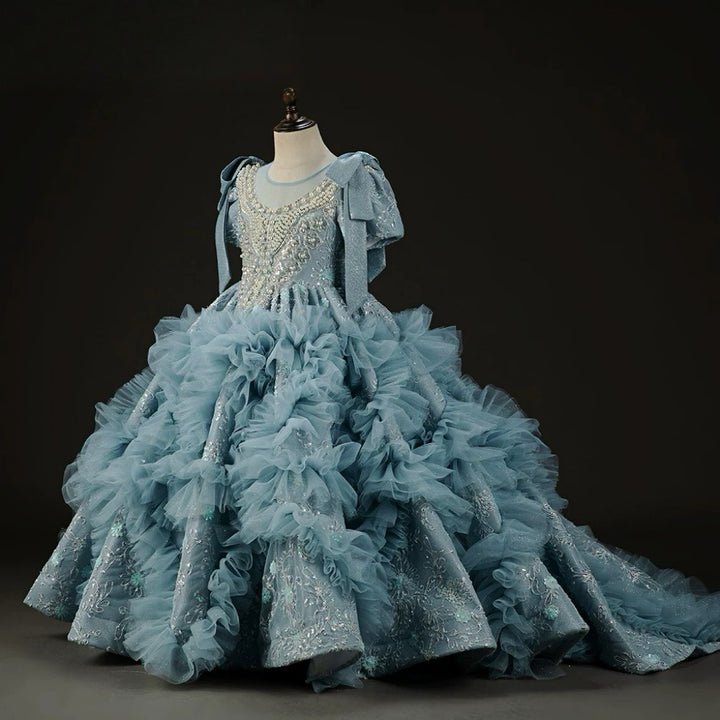 Blue Ruffled Tulle Flower Girl Dress with Beaded Bodice – Blue Children Dress Plus Size