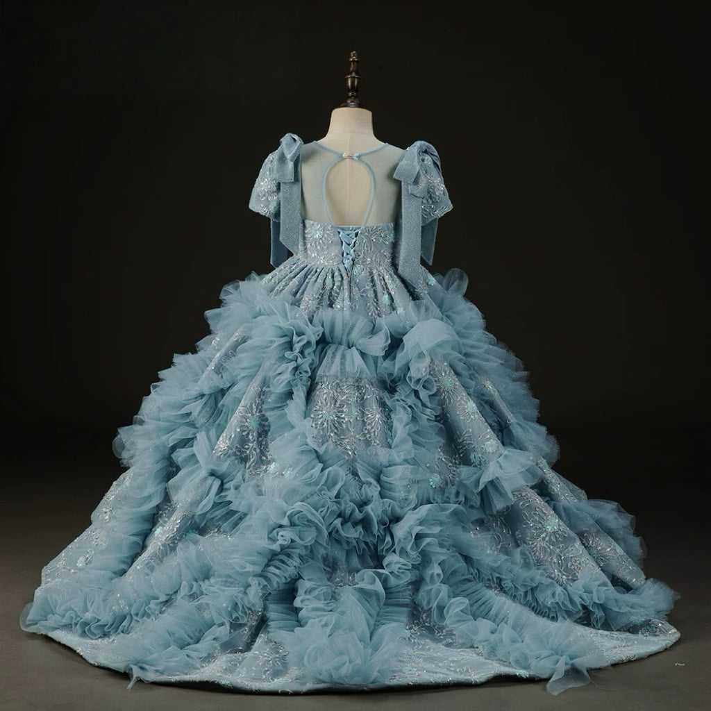 Blue Ruffled Tulle Flower Girl Dress with Beaded Bodice – Blue Children Dress Plus Size