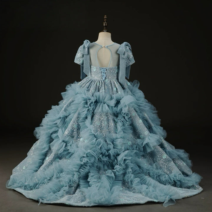 Blue Ruffled Tulle Flower Girl Dress with Beaded Bodice – Blue Children Dress Plus Size