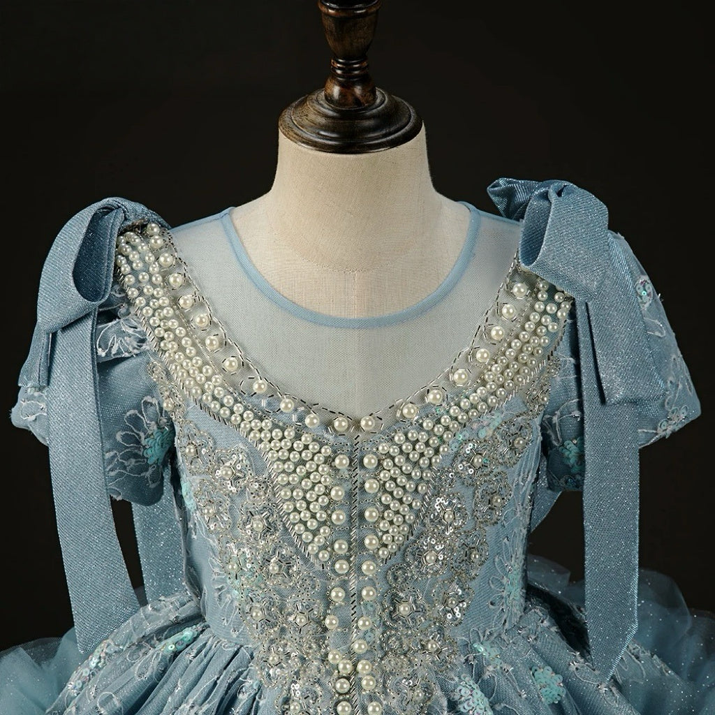 Blue Ruffled Tulle Flower Girl Dress with Beaded Bodice – Blue Children Dress Plus Size