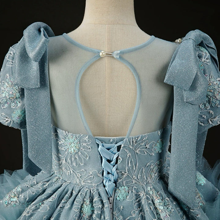 Blue Ruffled Tulle Flower Girl Dress with Beaded Bodice – Blue Children Dress Plus Size