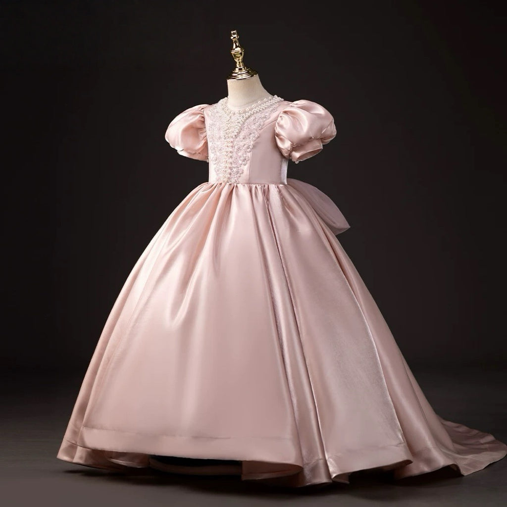 Blush Pink Satin Flower Girl Dress with Puff Sleeves – Blush Flower Girl Dress with Pearl Plus Size