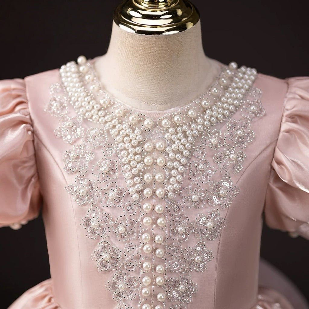 Blush Pink Satin Flower Girl Dress with Puff Sleeves – Blush Flower Girl Dress with Pearl Plus Size