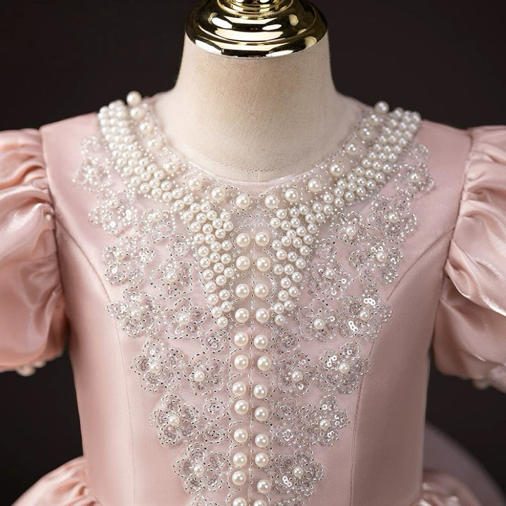 Blush Pink Satin Flower Girl Dress with Puff Sleeves – Blush Flower Girl Dress with Pearl Plus Size