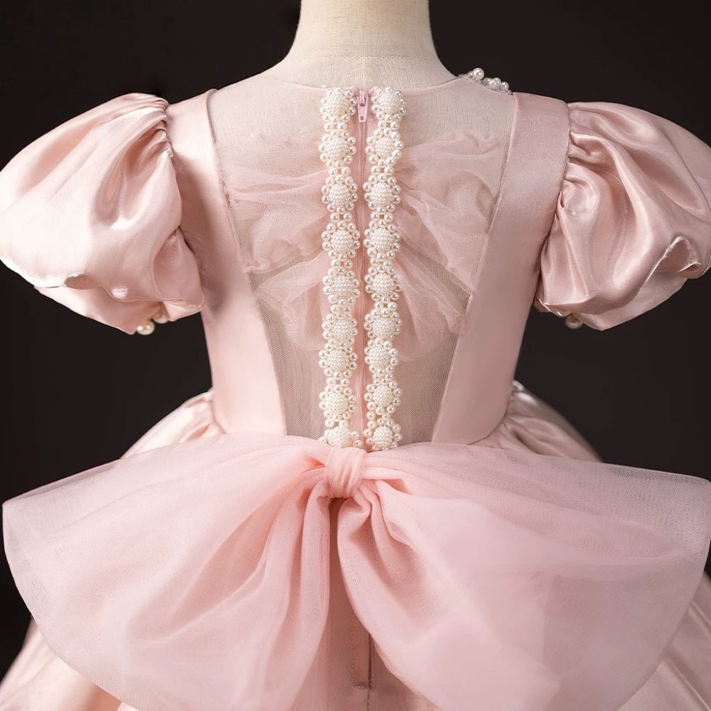 Blush Pink Satin Flower Girl Dress with Puff Sleeves – Blush Flower Girl Dress with Pearl Plus Size