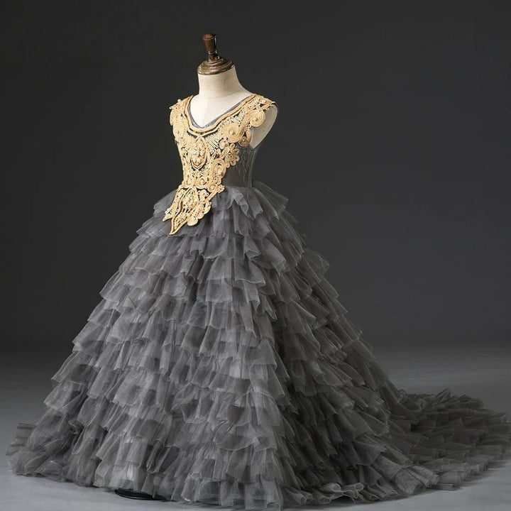 Grey and Gold Layered Tulle Flower Girl Dress with Embroidered Bodice – Lace Flower Girl Dress Plus Size