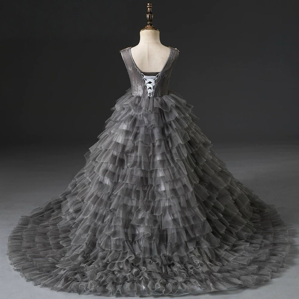 Grey and Gold Layered Tulle Flower Girl Dress with Embroidered Bodice – Lace Flower Girl Dress Plus Size