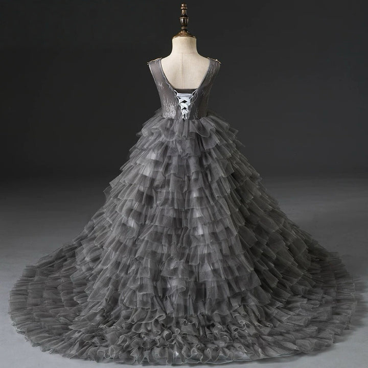 Grey and Gold Layered Tulle Flower Girl Dress with Embroidered Bodice – Lace Flower Girl Dress Plus Size