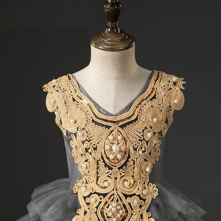 Grey and Gold Layered Tulle Flower Girl Dress with Embroidered Bodice – Lace Flower Girl Dress Plus Size
