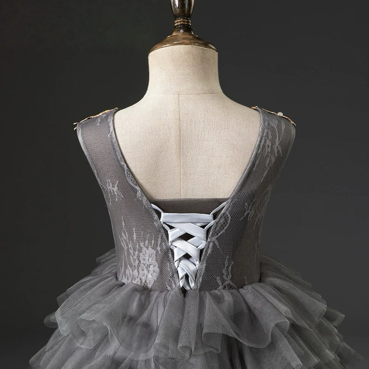 Grey and Gold Layered Tulle Flower Girl Dress with Embroidered Bodice – Lace Flower Girl Dress Plus Size