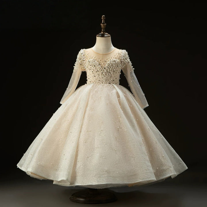 Champagne Long Sleeve Flower Girl Dress with Tulle Skirt – Tulle Folwer Girl Dress with Pearl Plus Size
