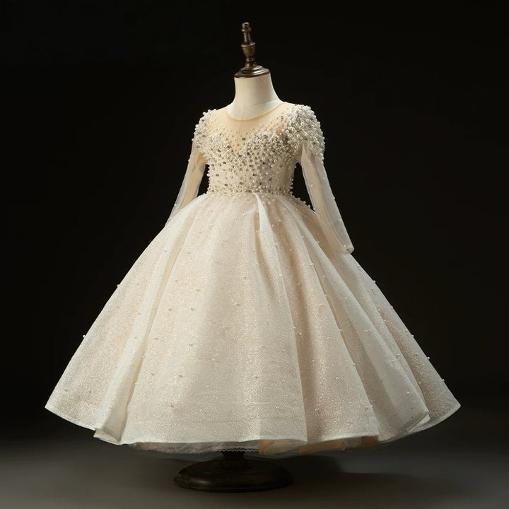 Champagne Long Sleeve Flower Girl Dress with Tulle Skirt – Tulle Folwer Girl Dress with Pearl Plus Size