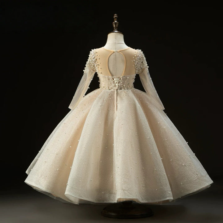 Champagne Long Sleeve Flower Girl Dress with Tulle Skirt – Tulle Folwer Girl Dress with Pearl Plus Size